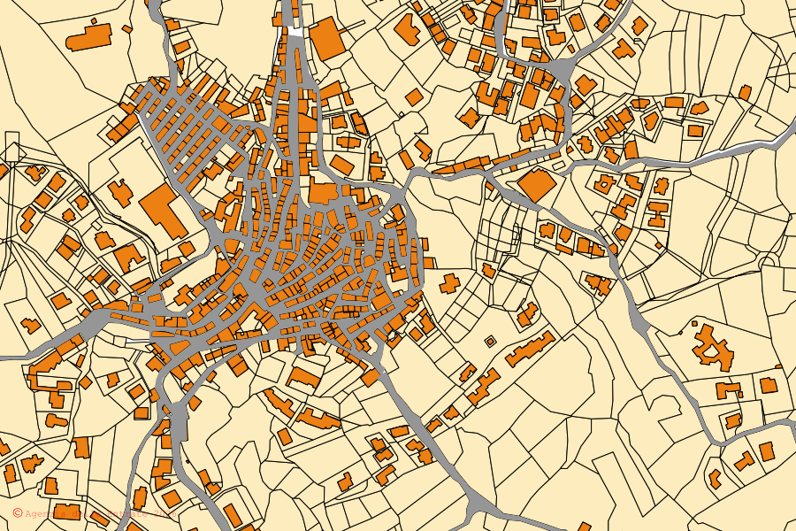 Mappa catastale del centro di Aggius: particelle e fabbricati, cartografia Agenzia delle Entrate