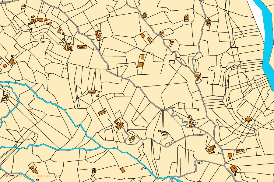 Mappa catastale del centro di Aiello Calabro: particelle e fabbricati, cartografia Agenzia delle Entrate
