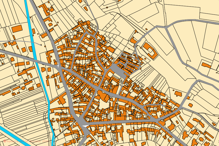 Mappa catastale del centro di Albiano d'Ivrea: particelle e fabbricati, cartografia Agenzia delle Entrate