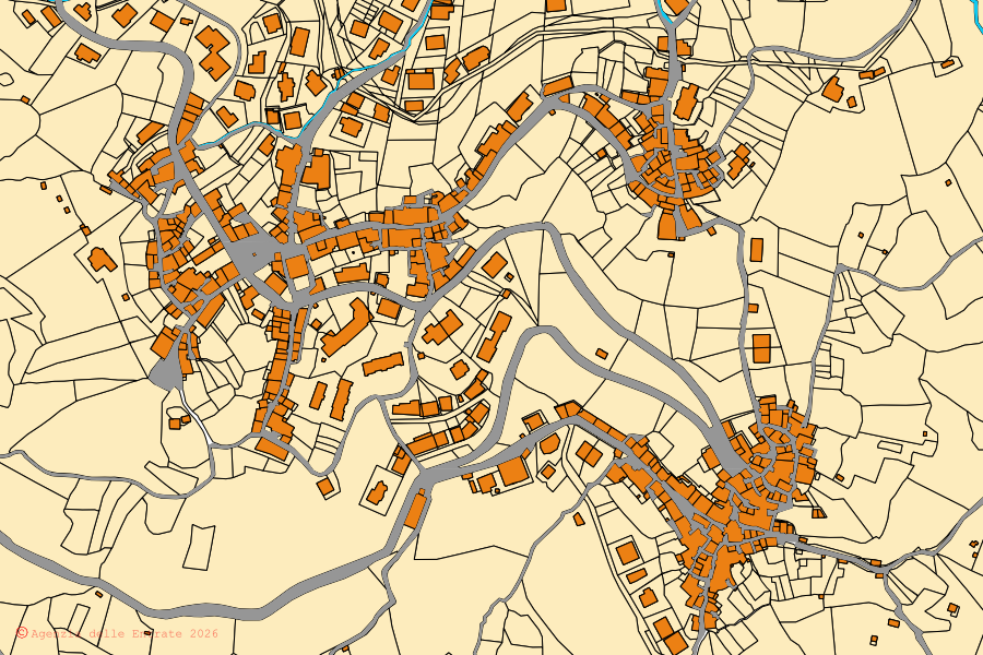Mappa catastale del centro di Aprigliano: particelle e fabbricati, cartografia Agenzia delle Entrate