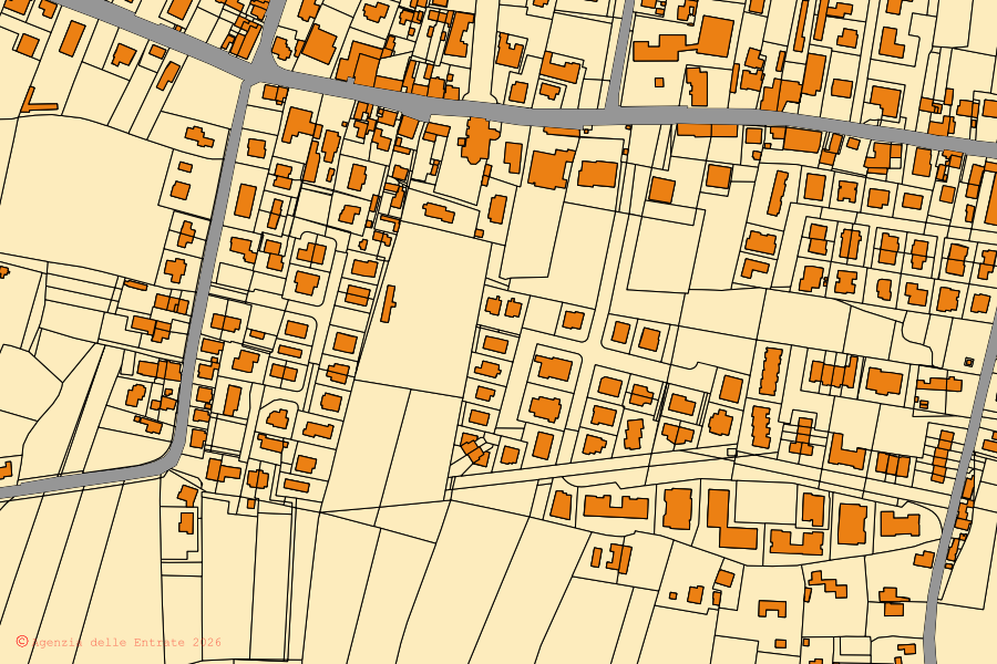Mappa catastale del centro di Arzergrande: particelle e fabbricati, cartografia Agenzia delle Entrate