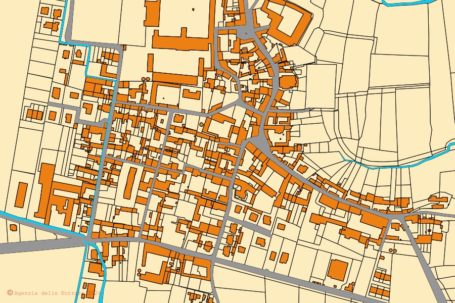 Mappa catastale del centro di Azzanello: particelle e fabbricati, cartografia Agenzia delle Entrate