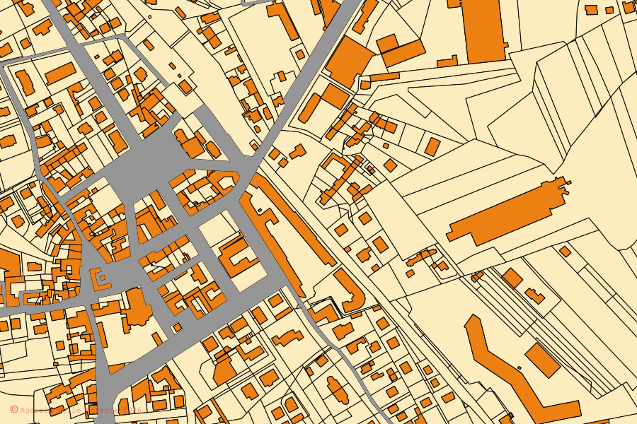 Mappa catastale del centro di Bagnolo Piemonte: particelle e fabbricati, cartografia Agenzia delle Entrate