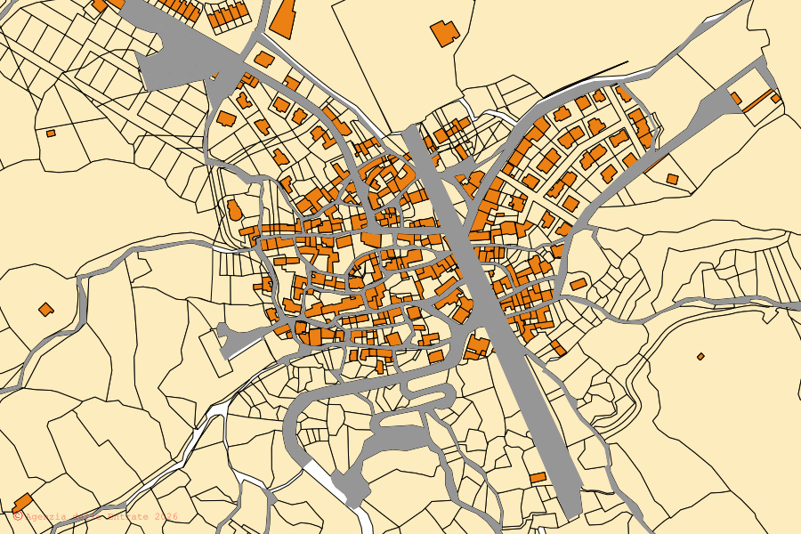 Mappa catastale del centro di Birori: particelle e fabbricati, cartografia Agenzia delle Entrate
