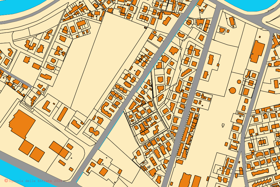 Mappa catastale del centro di Bondeno: particelle e fabbricati, cartografia Agenzia delle Entrate