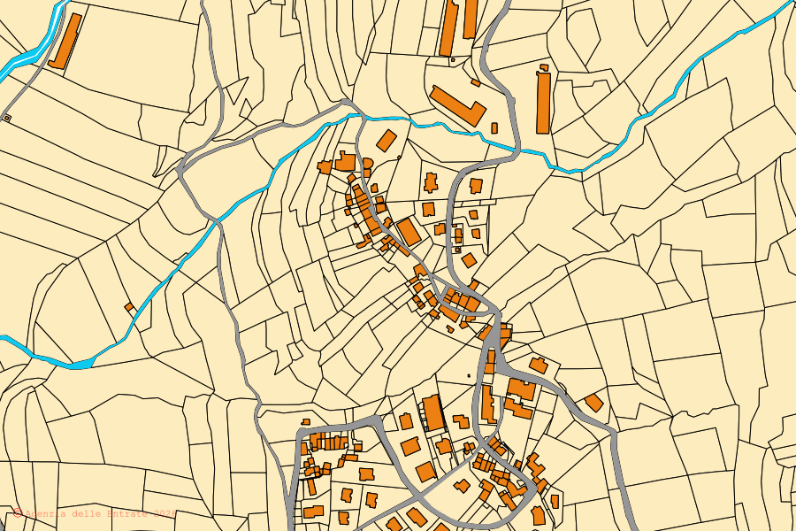 Mappa catastale del centro di Bosco Chiesanuova: particelle e fabbricati, cartografia Agenzia delle Entrate