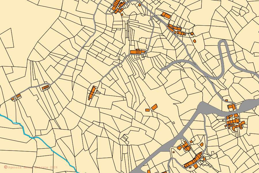 Mappa catastale del centro di Callabiana: particelle e fabbricati, cartografia Agenzia delle Entrate