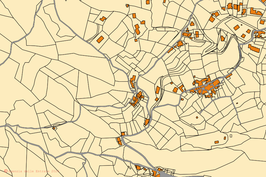 Mappa catastale del centro di Cantagallo: particelle e fabbricati, cartografia Agenzia delle Entrate