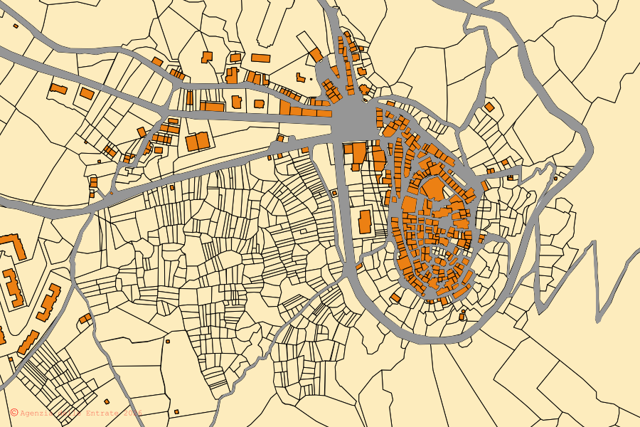 Mappa catastale del centro di Capranica Prenestina: particelle e fabbricati, cartografia Agenzia delle Entrate