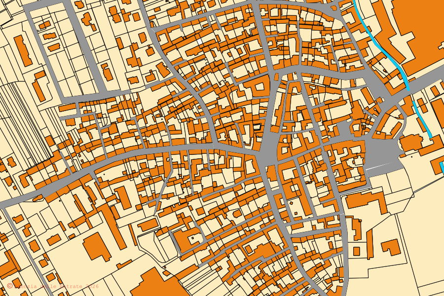 Mappa catastale del centro di Caramagna Piemonte: particelle e fabbricati, cartografia Agenzia delle Entrate
