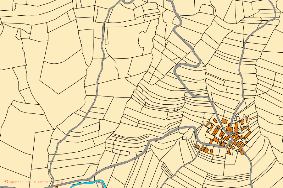 Mappa catastale del centro di Casasco: particelle e fabbricati, cartografia Agenzia delle Entrate