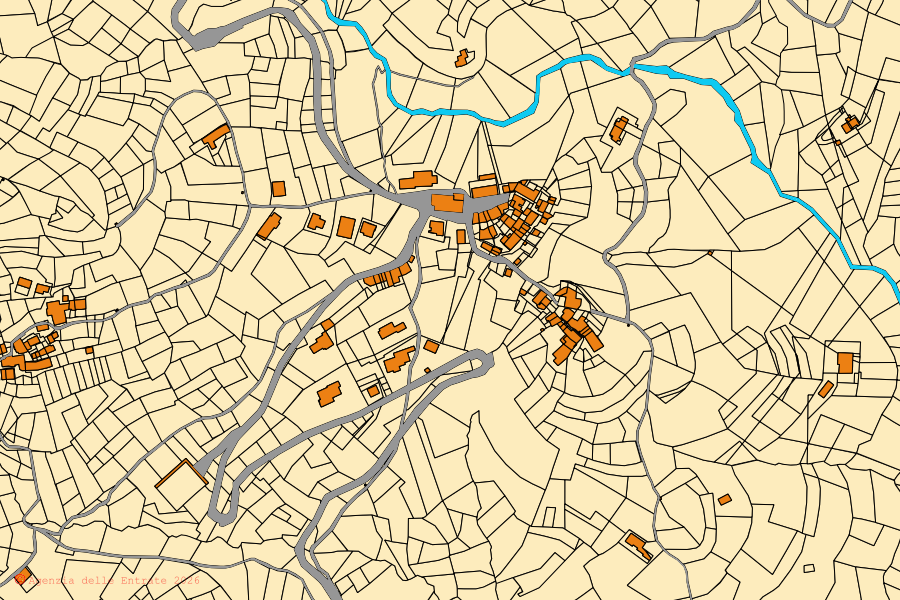 Mappa catastale del centro di Chiesanuova: particelle e fabbricati, cartografia Agenzia delle Entrate