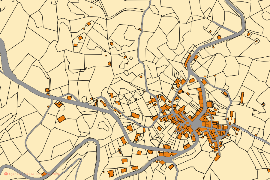Mappa catastale del centro di Chiusdino: particelle e fabbricati, cartografia Agenzia delle Entrate