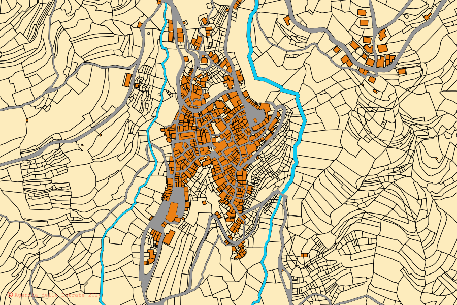 Mappa catastale del centro di Cosio d'Arroscia: particelle e fabbricati, cartografia Agenzia delle Entrate