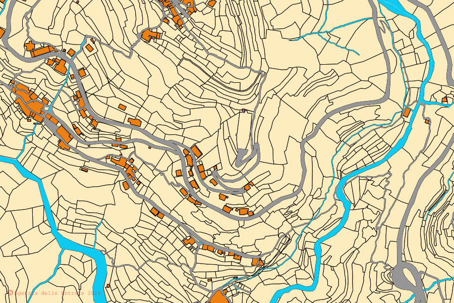 Mappa catastale del centro di Erli: particelle e fabbricati, cartografia Agenzia delle Entrate