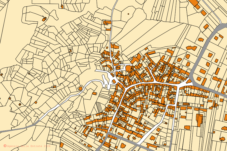 Mappa catastale del centro di Fiorano Canavese: particelle e fabbricati, cartografia Agenzia delle Entrate