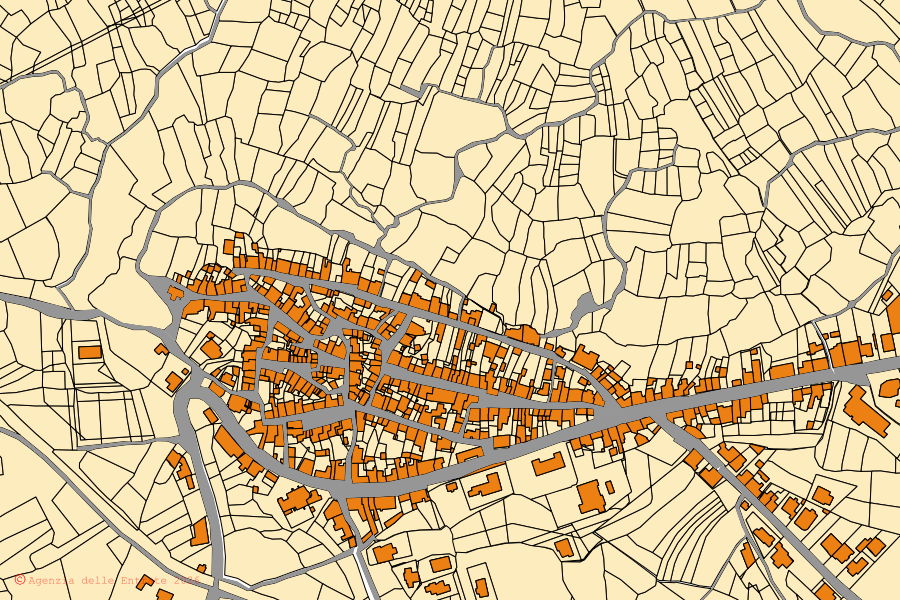 Mappa catastale del centro di Flussio: particelle e fabbricati, cartografia Agenzia delle Entrate