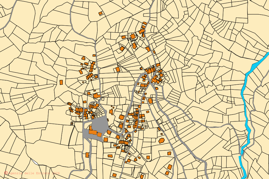 Mappa catastale del centro di Fontanigorda: particelle e fabbricati, cartografia Agenzia delle Entrate