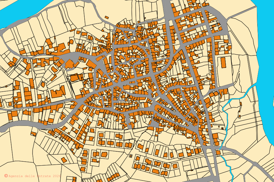 Mappa catastale del centro di Fordongianus: particelle e fabbricati, cartografia Agenzia delle Entrate
