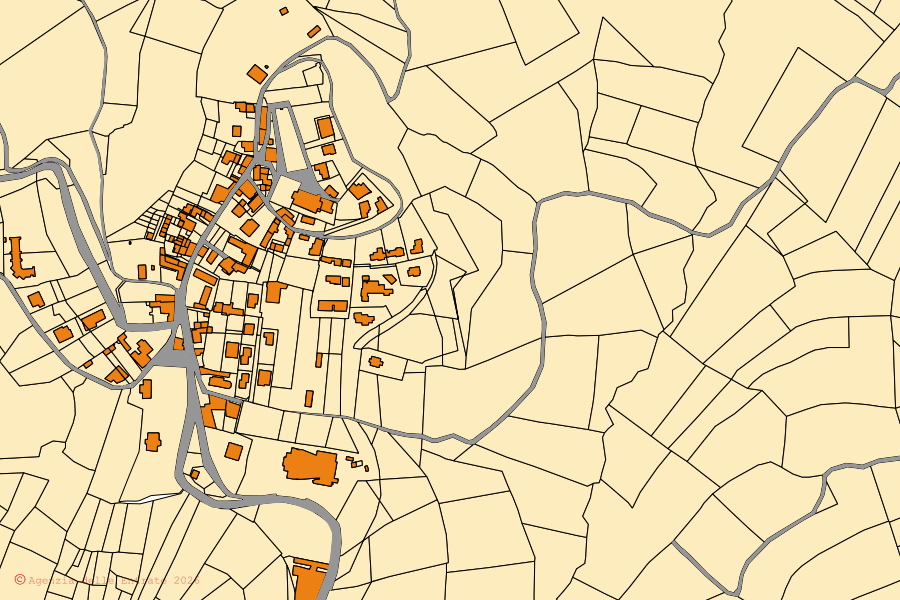 Mappa catastale del centro di Fortunago: particelle e fabbricati, cartografia Agenzia delle Entrate