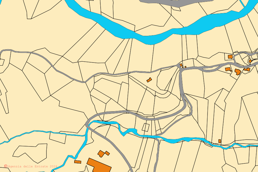 Mappa catastale del centro di Frontino: particelle e fabbricati, cartografia Agenzia delle Entrate