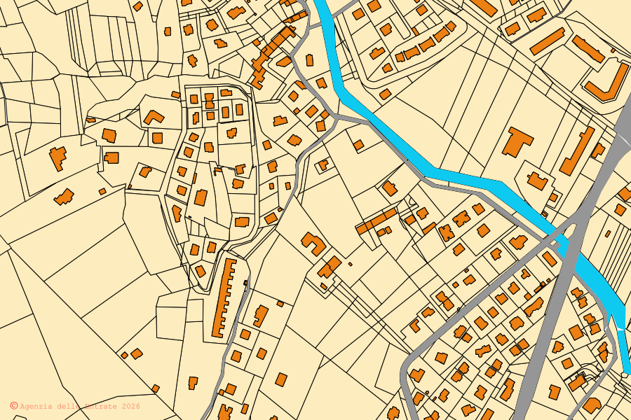 Mappa catastale del centro di Givoletto: particelle e fabbricati, cartografia Agenzia delle Entrate