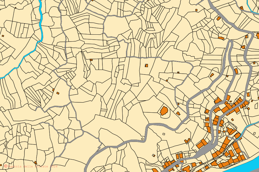 Mappa catastale del centro di Gualtieri Sicaminò: particelle e fabbricati, cartografia Agenzia delle Entrate