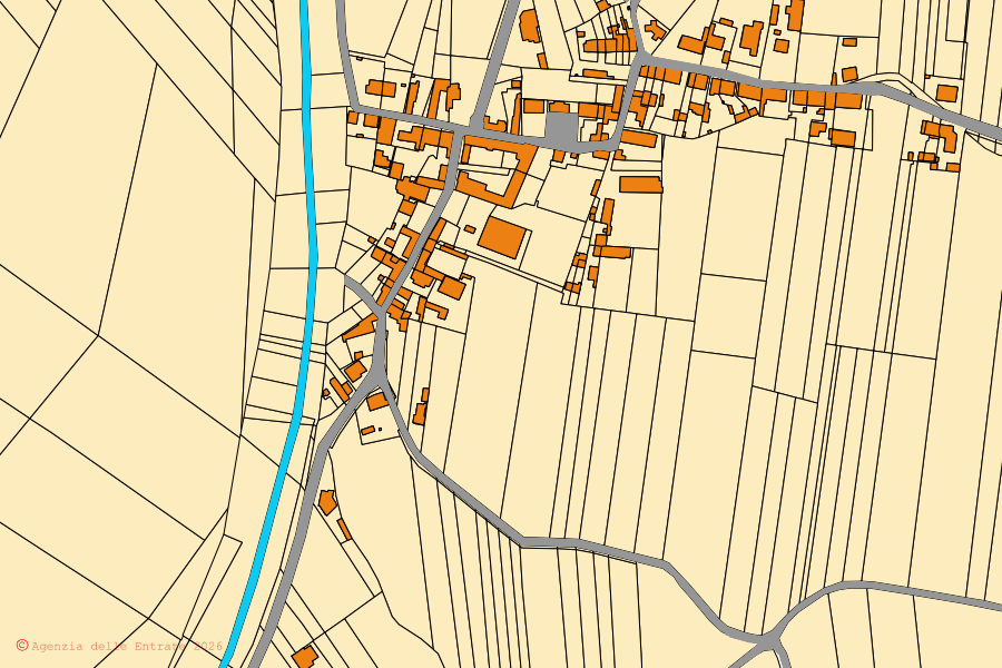 Mappa catastale del centro di Guazzora: particelle e fabbricati, cartografia Agenzia delle Entrate