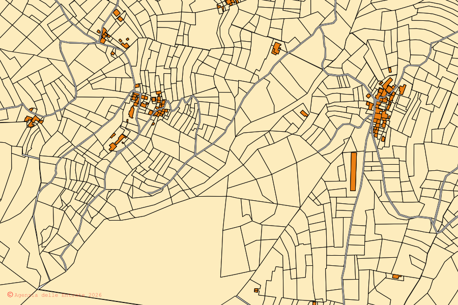 Mappa catastale del centro di Inverso Pinasca: particelle e fabbricati, cartografia Agenzia delle Entrate
