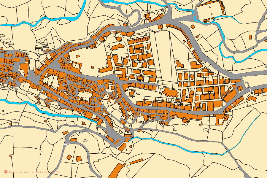Mappa catastale del centro di Ischia di Castro: particelle e fabbricati, cartografia Agenzia delle Entrate