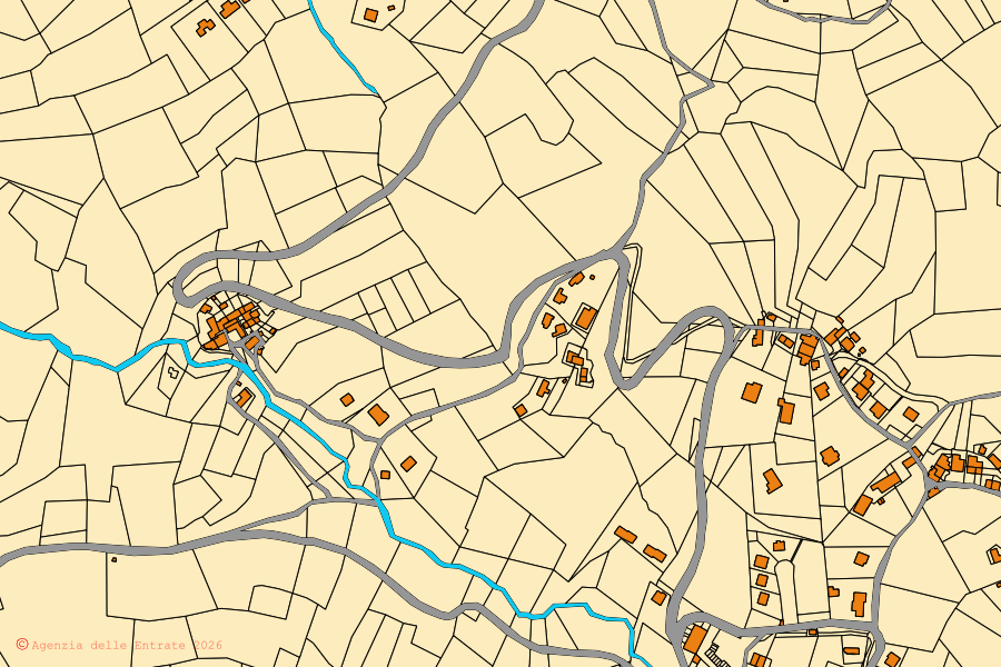 Mappa catastale del centro di Lizzano in Belvedere: particelle e fabbricati, cartografia Agenzia delle Entrate