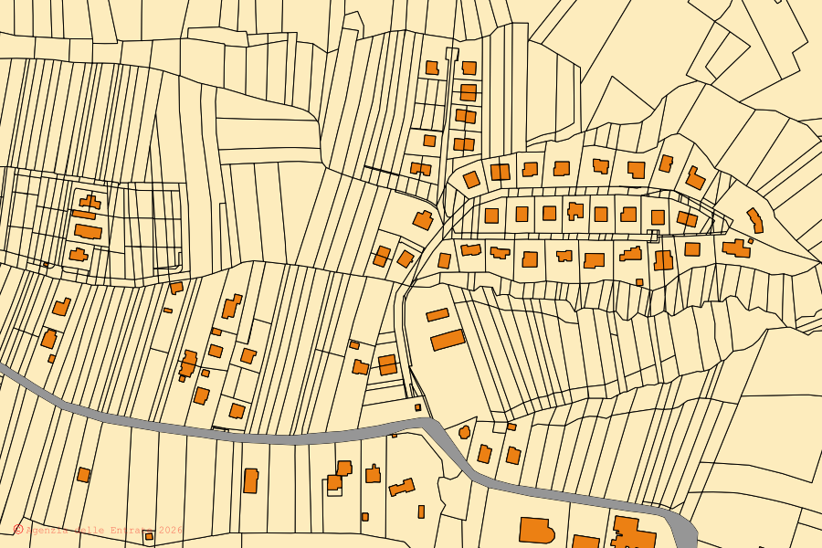Mappa catastale del centro di Lombardore: particelle e fabbricati, cartografia Agenzia delle Entrate