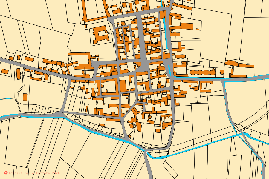 Mappa catastale del centro di Macello: particelle e fabbricati, cartografia Agenzia delle Entrate