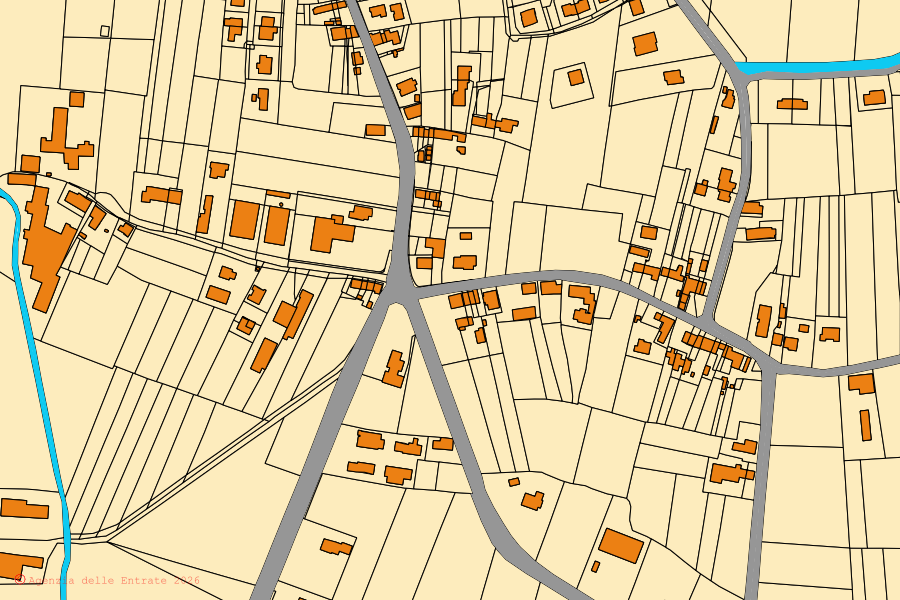 Mappa catastale del centro di Megliadino San Vitale: particelle e fabbricati, cartografia Agenzia delle Entrate