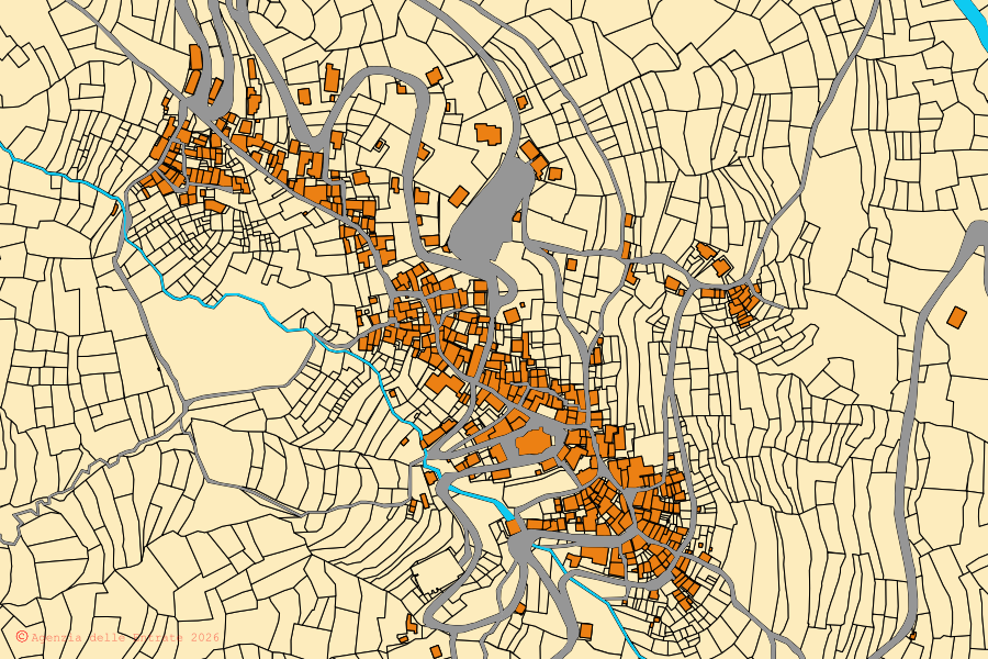 Mappa catastale del centro di Mendatica: particelle e fabbricati, cartografia Agenzia delle Entrate
