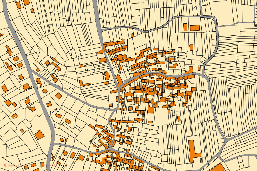 Mappa catastale del centro di Mercenasco: particelle e fabbricati, cartografia Agenzia delle Entrate