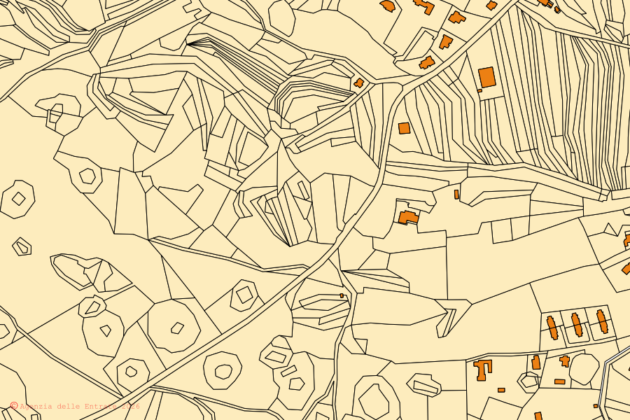 Mappa catastale del centro di Monrupino: particelle e fabbricati, cartografia Agenzia delle Entrate