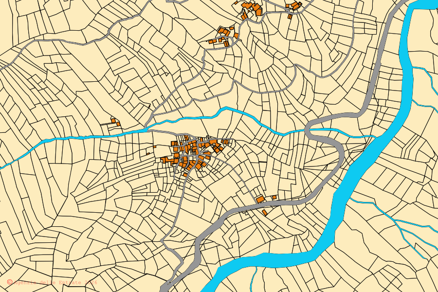 Mappa catastale del centro di Montebruno: particelle e fabbricati, cartografia Agenzia delle Entrate