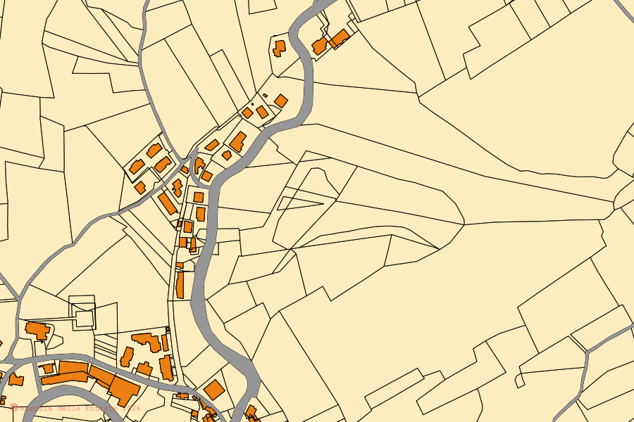Mappa catastale del centro di Montefiore Conca: particelle e fabbricati, cartografia Agenzia delle Entrate