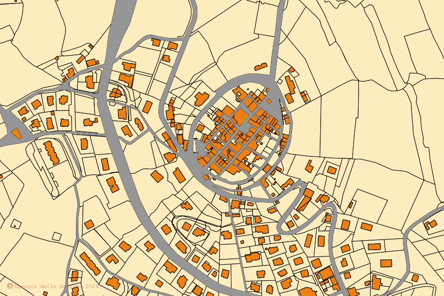 Mappa catastale del centro di Montegabbione: particelle e fabbricati, cartografia Agenzia delle Entrate