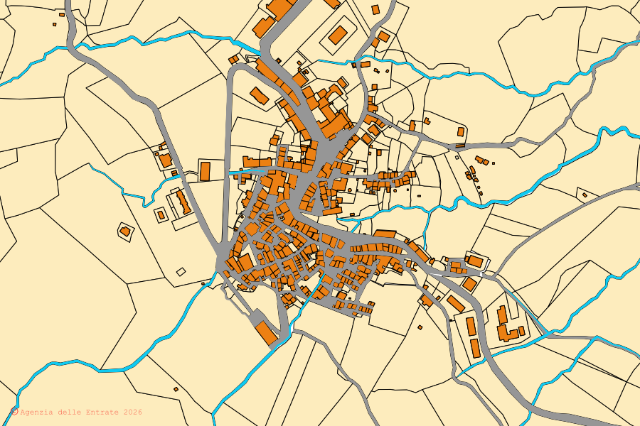 Mappa catastale del centro di Montieri: particelle e fabbricati, cartografia Agenzia delle Entrate
