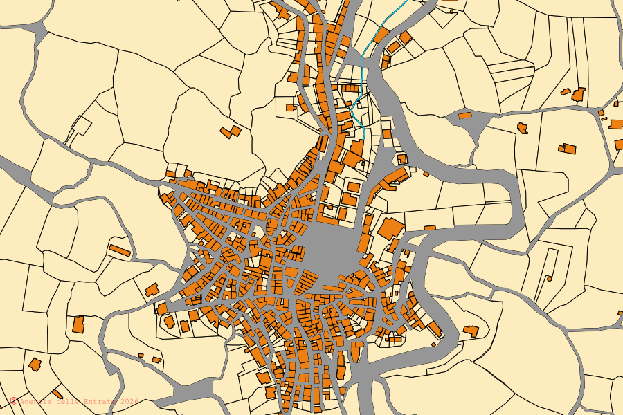 Mappa catastale del centro di Nughedu San Nicolò: particelle e fabbricati, cartografia Agenzia delle Entrate