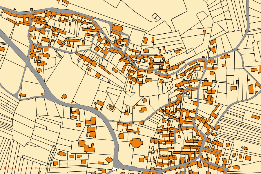 Mappa catastale del centro di Orio Canavese: particelle e fabbricati, cartografia Agenzia delle Entrate