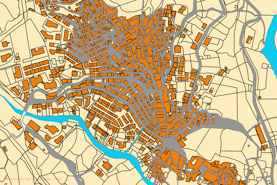 Mappa catastale del centro di Oriolo: particelle e fabbricati, cartografia Agenzia delle Entrate