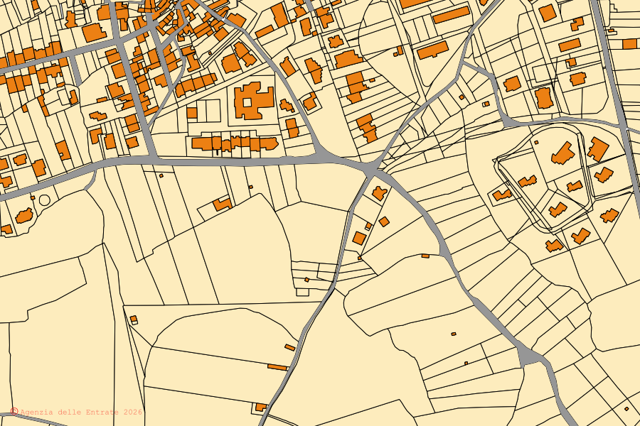 Mappa catastale del centro di Ortelle: particelle e fabbricati, cartografia Agenzia delle Entrate