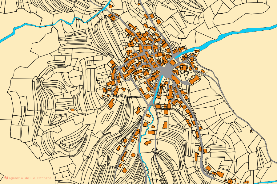 Mappa catastale del centro di Ovaro: particelle e fabbricati, cartografia Agenzia delle Entrate
