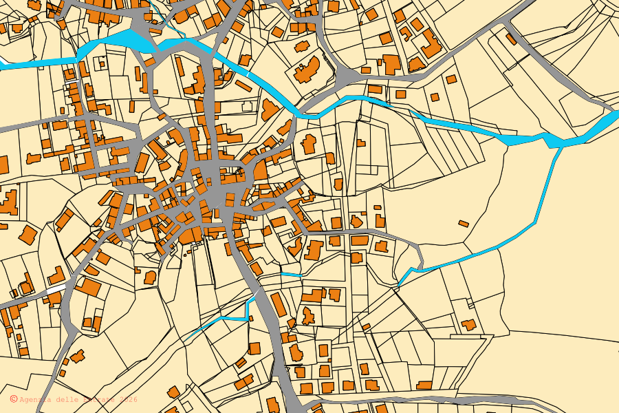 Mappa catastale del centro di Padru: particelle e fabbricati, cartografia Agenzia delle Entrate