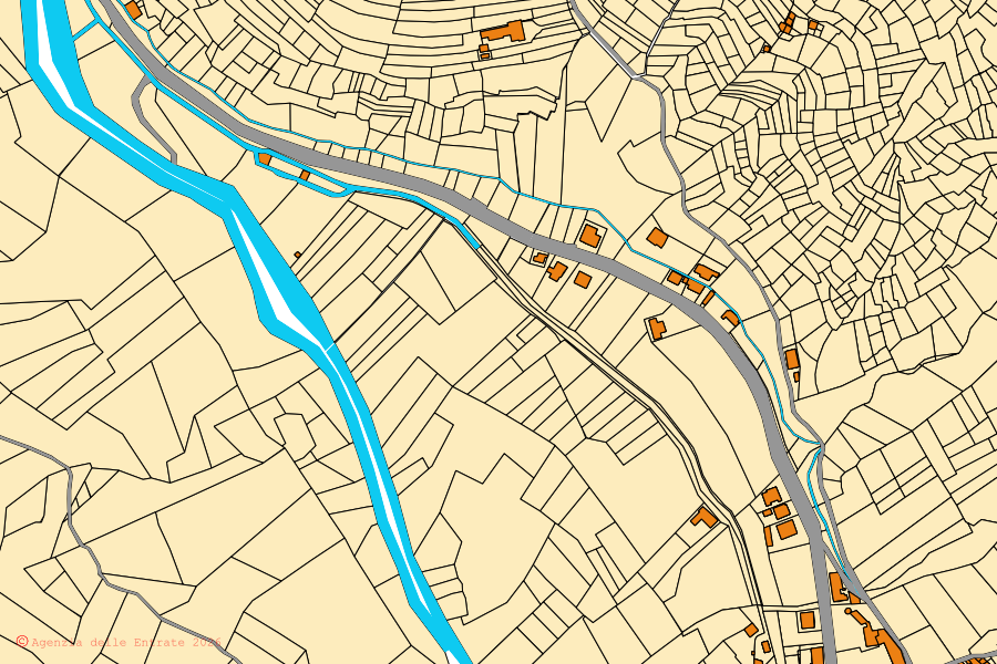 Mappa catastale del centro di Perosa Argentina: particelle e fabbricati, cartografia Agenzia delle Entrate
