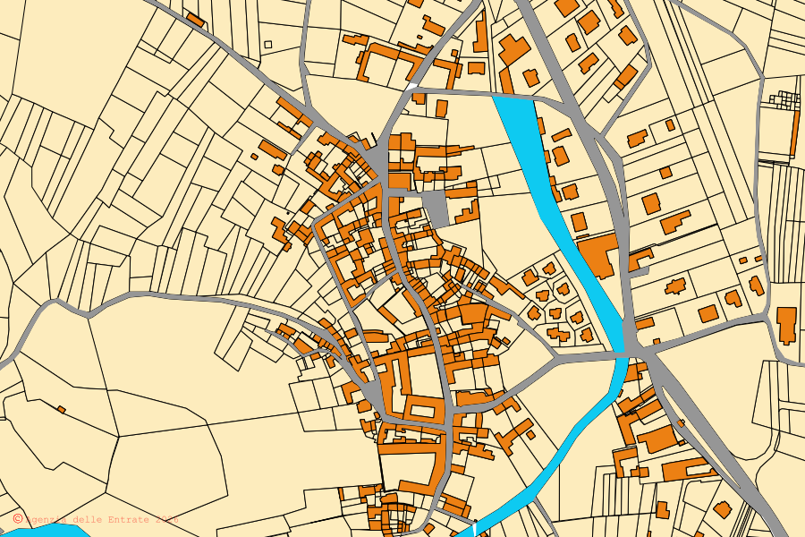 Mappa catastale del centro di Perosa Canavese: particelle e fabbricati, cartografia Agenzia delle Entrate