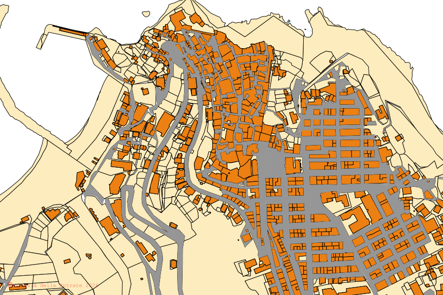 Mappa catastale del centro di Peschici: particelle e fabbricati, cartografia Agenzia delle Entrate